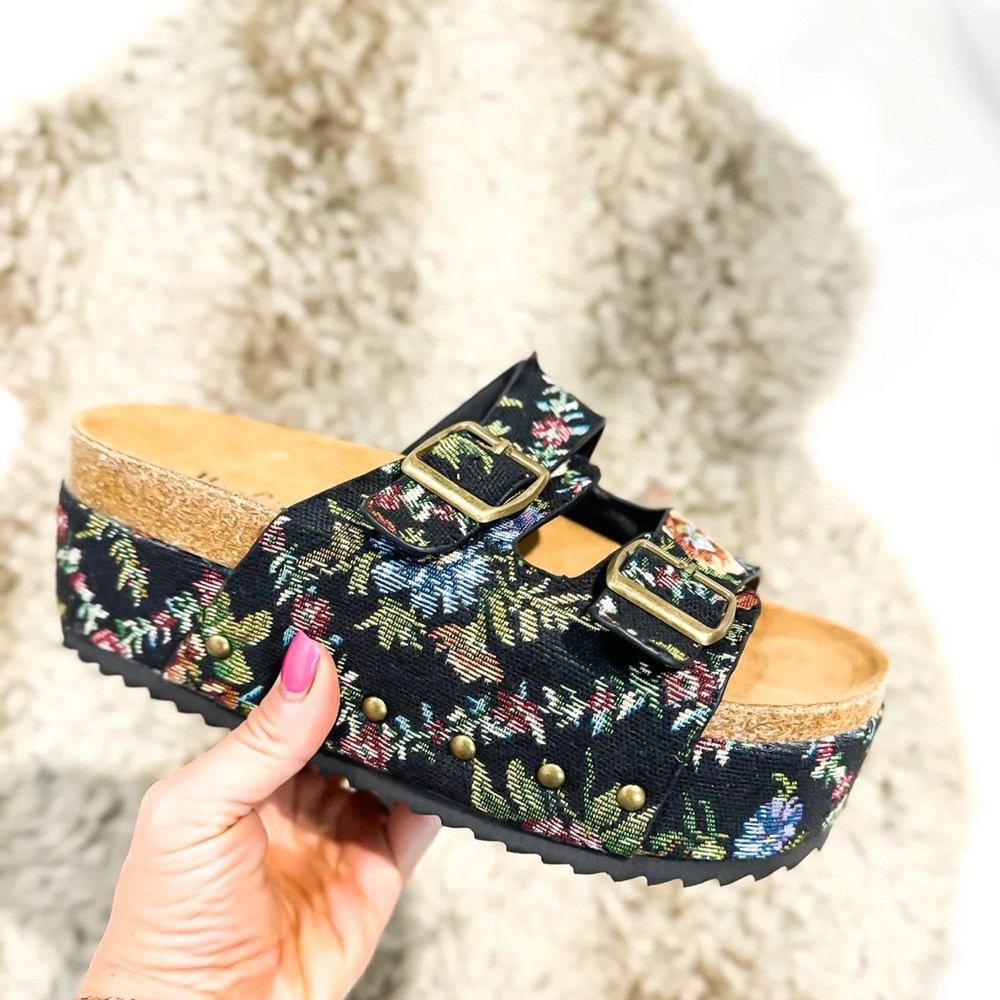 Corky's Black Brocade Floral Wannabe Sandals